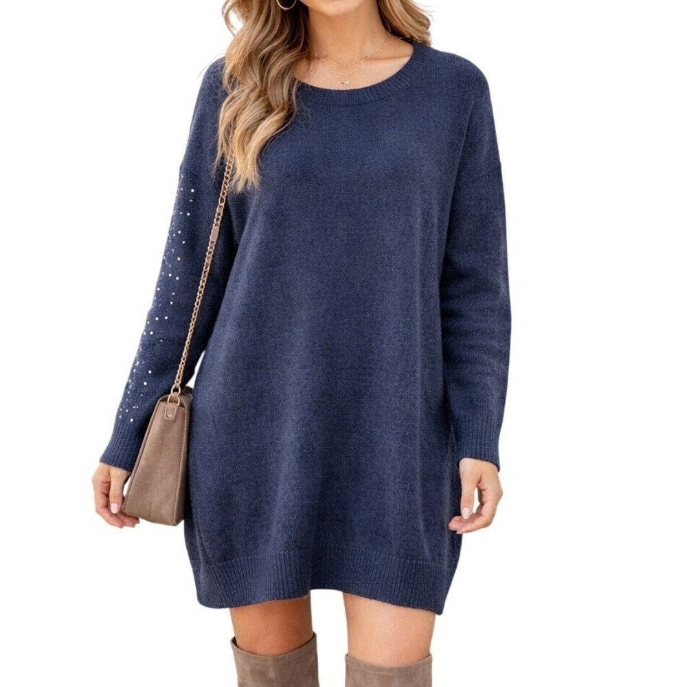 Esmara Women Blue Knit Sweater Dress XL 16/18 Rhinestone Detail Long Sleeve